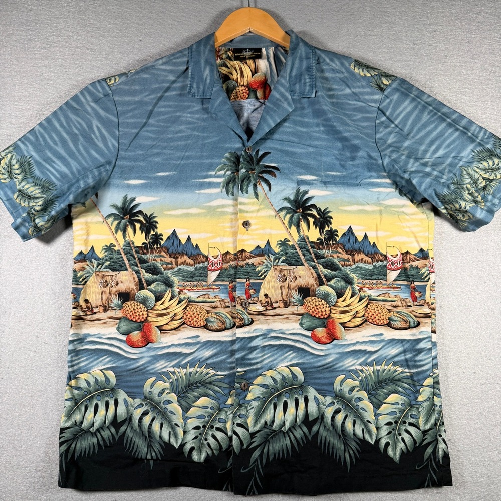 Royal Creations Mens XL Hawaiian Shirt Blue Tropical Scenic Beach Made in Hawaii